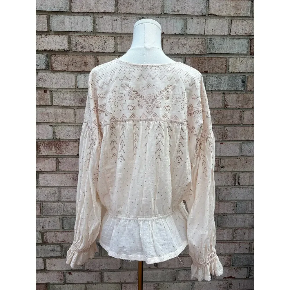 Free People Counting Stars Peplum Top Large Cream Gold Metallic Ruffle Peasant